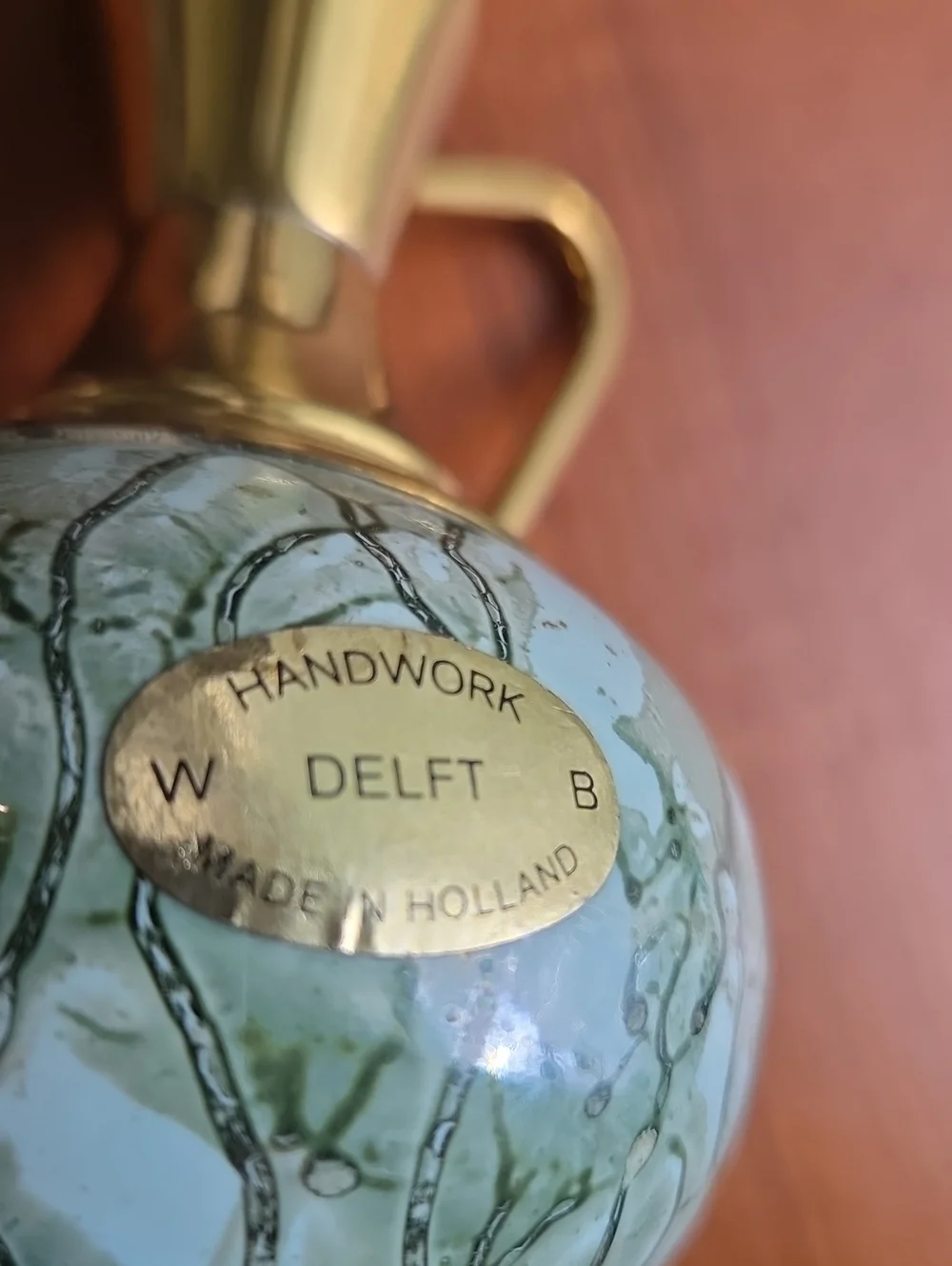 Vintage Old Dutch Delft Handle in Holland Blue-Green Ceramic P with Brass Accent